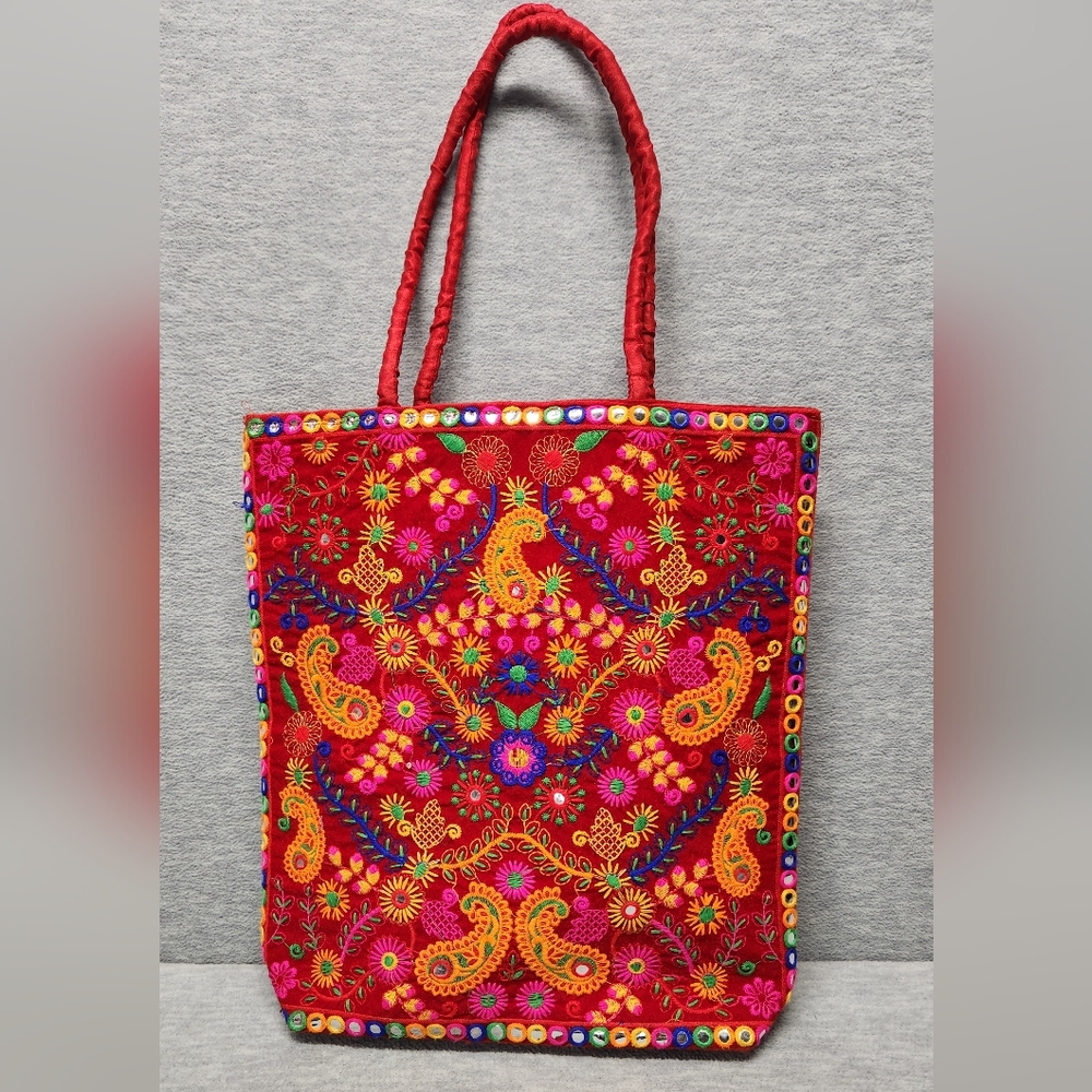 Embroidered colorful Paisley mirror large Red tote bag Indie boho Punk Grunge